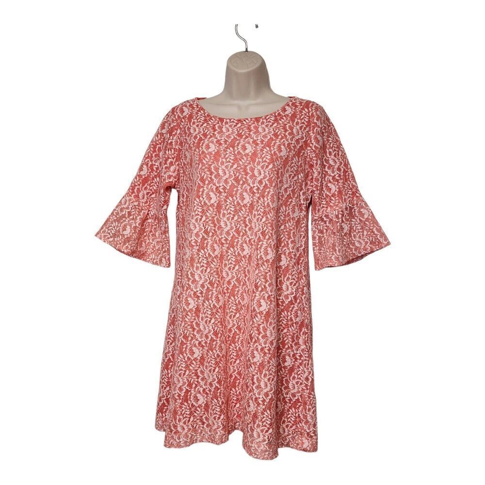 Women's Cetra Round Neck 3/4 Sleeve Salmon Pink Floral Lace Dress Size Large